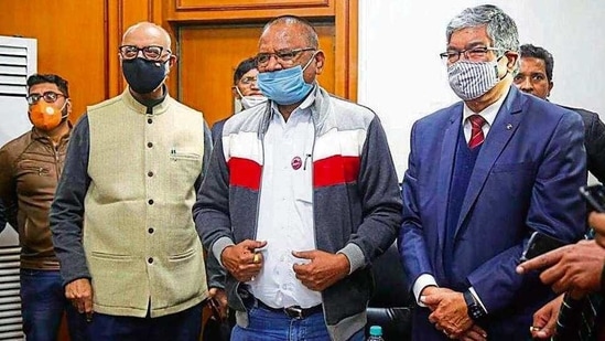 Members of Supreme Court-constituted committee (L to R) Ashok Gulati, Anil Ghanwat and Pramod Kumar Joshi interact with the media in New Delhi on Tuesday. (HT photo) Members of Supreme Court-constituted committee (L to R) Ashok Gulati, Anil Ghanwat and Pramod Kumar Joshi interact with the media in New Delhi on Tuesday. (HT photo)