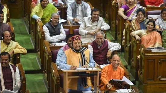 Uttar Pradesh finance minister Suresh Khanna presents the state budget 2020-21 in the UP Legislative Assembly, in Lucknow on February 18, 2020. (PTI) Uttar Pradesh finance minister Suresh Khanna presents the state budget 2020-21 in the UP Legislative Assembly, in Lucknow on February 18, 2020. (PTI)