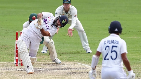 India's Rishabh Pant hits the ball for six runs during play on the final day of the fourth cricket test between India and Australia at the Gabba.(AP) India's Rishabh Pant hits the ball for six runs during play on the final day of the fourth cricket test between India and Australia at the Gabba.(AP)