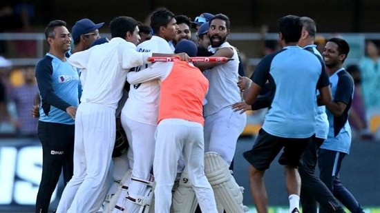 India players celebrate after beating Australia in Brisbane(BCCI/Twitter)