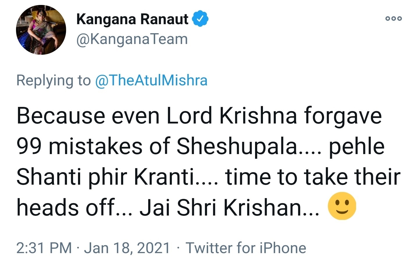 Kangana Ranaut's now-deleted tweet.