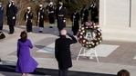 President Joe Biden and Vice President Kamala Harris salute at the Tomb of the Unknown Soldier at the Arlington National Cemetery.(AP) President Joe Biden and Vice President Kamala Harris salute at the Tomb of the Unknown Soldier at the Arlington National Cemetery.(AP)