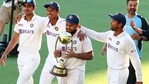 India's Rishabh Pant carries the trophy as he celebrates with his teammates after defeating Australia.(AP) India's Rishabh Pant carries the trophy as he celebrates with his teammates after defeating Australia.(AP)