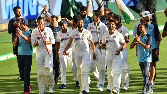 India celebrates winning on day five of the fourth test match between Australia and India at the Gabba in Brisbane, Australia, January 19, 2021.(via REUTERS)