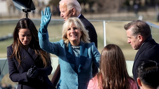 Jill Biden waves next to Ashley and Hunter Biden after her husband Joe was sworn-in as the 46th President of the United States during the inauguration on the West Front of the US Capitol in Washington, US.(Reuters)
