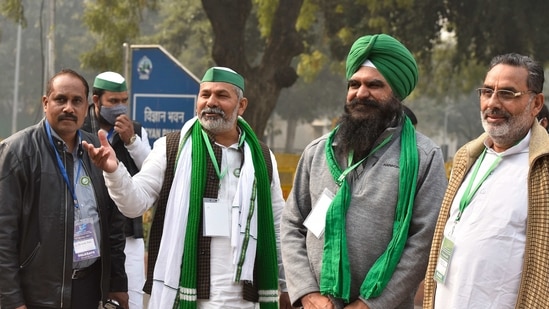Rakesh Tikait and other members of a delegation speaking to the press.(Sanjeev Verma/ Hindustan Times) Rakesh Tikait and other members of a delegation speaking to the press.(Sanjeev Verma/ Hindustan Times)
