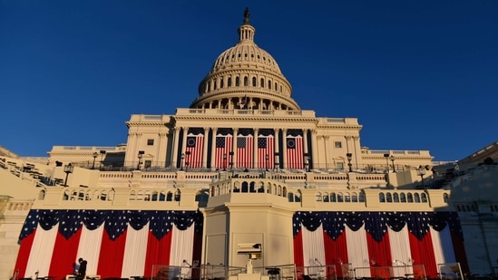 View of the US Capitol as the sun sets ahead of the 59th inaugural ceremony for President-elect Joe Biden and Vice President-elect Kamala Harris in Washington, DC.(AP)