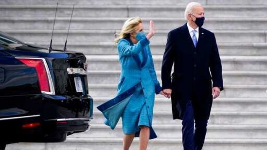 President Joe Biden and his wife Jill Biden depart the Capitol after watching a military pass in review ceremony on the East Front of the Capitol at the conclusion of the inauguration ceremonies, in Washington. (AP) President Joe Biden and his wife Jill Biden depart the Capitol after watching a military pass in review ceremony on the East Front of the Capitol at the conclusion of the inauguration ceremonies, in Washington. (AP)