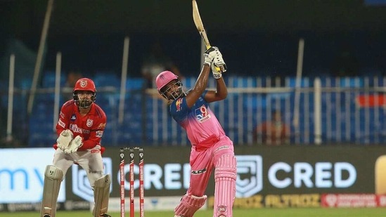 Sanju Samson hits one into the stands during IPL 2020.(IPL) Sanju Samson hits one into the stands during IPL 2020.(IPL)