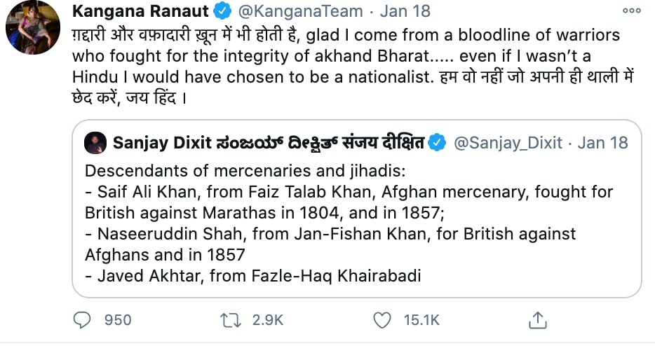 Kanganas tweet about how she is a nationalist. Kanganas tweet about how she is a nationalist.