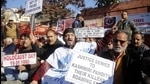 Kashmiri Hindu migrants shout slogans against Jammu and Kashmir government during a protest in Jammu in 2020. (HT file photo) Kashmiri Hindu migrants shout slogans against Jammu and Kashmir government during a protest in Jammu in 2020. (HT file photo)