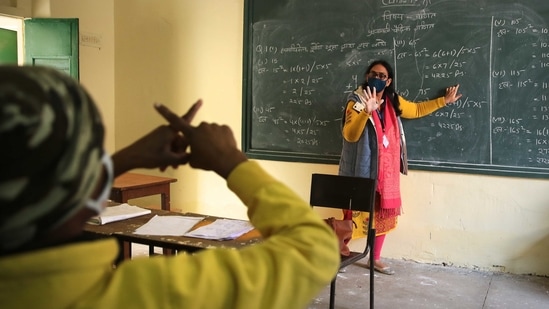 A view inside the classroom at Seth Anandilal Poddar Government Deaf and Dumb School after educational institutions reopened following a closure for 10 months due to Covid-19 in Jaipur, on January 18. India's Covid-19 tally had crossed the 20 lakh-mark on August 7, and surpassed the one crore-mark on December 19.( Himanshu Vyas / HT Photo)