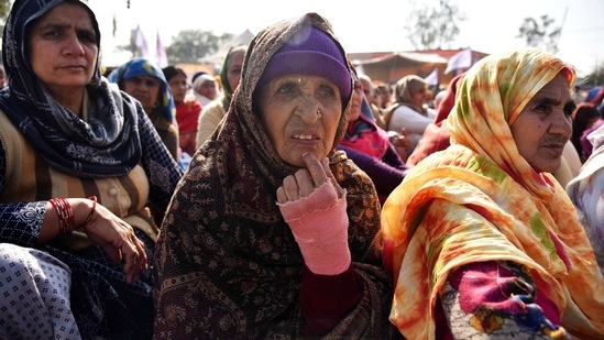 Women farmers sitting at Singhu Border during a protest against farm laws. ANI
