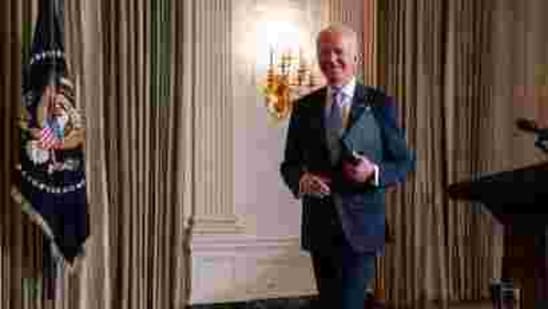 President Joe Biden leaves after attending a virtual swearing in ceremony of political appointees from the State Dining Room of the White House on Wednesday. (AP Photo )