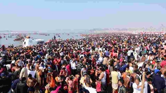 At least 7.49 crore devotees have taken the dip in the waters of Sangam in Prayagraj till Sunday since the beginning of the 49-day Kumbh Mela from January 15, the Uttar Pradesh government has said. A report said that on the first day of the Kumbh Mela, which began with the first of the three Shahi Snans of Makar Sankranti, 2.25 crore people bathed in the Sangam. (Sheeraz Rizvi / HT File) At least 7.49 crore devotees have taken the dip in the waters of Sangam in Prayagraj till Sunday since the beginning of the 49-day Kumbh Mela from January 15, the Uttar Pradesh government has said. A report said that on the first day of the Kumbh Mela, which began with the first of the three Shahi Snans of Makar Sankranti, 2.25 crore people bathed in the Sangam. (Sheeraz Rizvi / HT File)