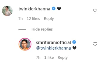 The image shows Insta conversation between Smriti Irani and Twinkle Khanna (Instagram/@smritiiraniofficial)