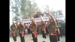 Soldiers giving salute during the cremation of Havildar Nirmal Singh at Jansui village in Ambala district on Friday. (HT Photo) Soldiers giving salute during the cremation of Havildar Nirmal Singh at Jansui village in Ambala district on Friday. (HT Photo)
