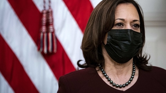 US Vice President Kamala Harris listens as US President Joe Biden speaks on his administrations' Covid-19 response.(Bloomberg Photo)