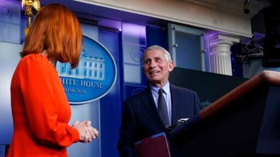 White House press secretary Jen Psaki and Dr Anthony Fauci during a press briefing in the James Brady Press Briefing Room at the White House.(AP) White House press secretary Jen Psaki and Dr Anthony Fauci during a press briefing in the James Brady Press Briefing Room at the White House.(AP)