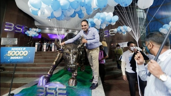 On Thursday, the day when the index crossed 50,000, India’s price-earnings multiple (a measure of whether a stock is overvalued or undervalued) was 34.36. (REUTERS) On Thursday, the day when the index crossed 50,000, India’s price-earnings multiple (a measure of whether a stock is overvalued or undervalued) was 34.36. (REUTERS)