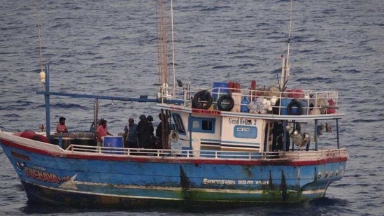 Sri Lankan vessel ‘Shenaya Duwa’ was seized by the Indian Coast Guard after they detected 100 kg drugs hidden in the vessel(Sourced) Sri Lankan vessel ‘Shenaya Duwa’ was seized by the Indian Coast Guard after they detected 100 kg drugs hidden in the vessel(Sourced)