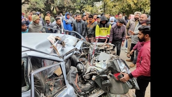 The mangled remains of the car after the accident on the Talwara-Hajipur road in Mukerian sub division on Friday. (HT Photo) The mangled remains of the car after the accident on the Talwara-Hajipur road in Mukerian sub division on Friday. (HT Photo)