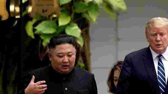 North Korea's leader Kim Jong Un and then-US president Donald Trump talk during the second North Korea-U.S. summit in Hanoi, Vietnam on February 28, 2019.(Reuters File Photo) North Korea's leader Kim Jong Un and then-US president Donald Trump talk during the second North Korea-U.S. summit in Hanoi, Vietnam on February 28, 2019.(Reuters File Photo)