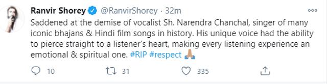 Actor Ranvir Shorey took to Twitter to share his grief. Actor Ranvir Shorey took to Twitter to share his grief.