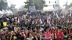 Farmers raise slogans during an ongoing protest against the new farm laws, at the Singhu border in New Delhi. Farmers raise slogans during an ongoing protest against the new farm laws, at the Singhu border in New Delhi.