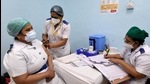 A Covid-19 vaccine shot being administered at Rajawadi Hospital in Mumbai, on Saturday. (Satish Bate/HT Photo) A Covid-19 vaccine shot being administered at Rajawadi Hospital in Mumbai, on Saturday. (Satish Bate/HT Photo)