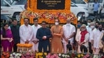 A statue of Shiv Sena founder Bal Thackeray, his first in Mumbai, was unveiled in Colaba on his 95th birth anniversary in the presence of leaders of various parties , including his son and CM Uddhav Thackeray, nephew and MNS president Raj Thackeray, NCP chief Sharad Pawar and former CM Devendra Fadnavis. (Pratik Chorge/HT) A statue of Shiv Sena founder Bal Thackeray, his first in Mumbai, was unveiled in Colaba on his 95th birth anniversary in the presence of leaders of various parties , including his son and CM Uddhav Thackeray, nephew and MNS president Raj Thackeray, NCP chief Sharad Pawar and former CM Devendra Fadnavis. (Pratik Chorge/HT)