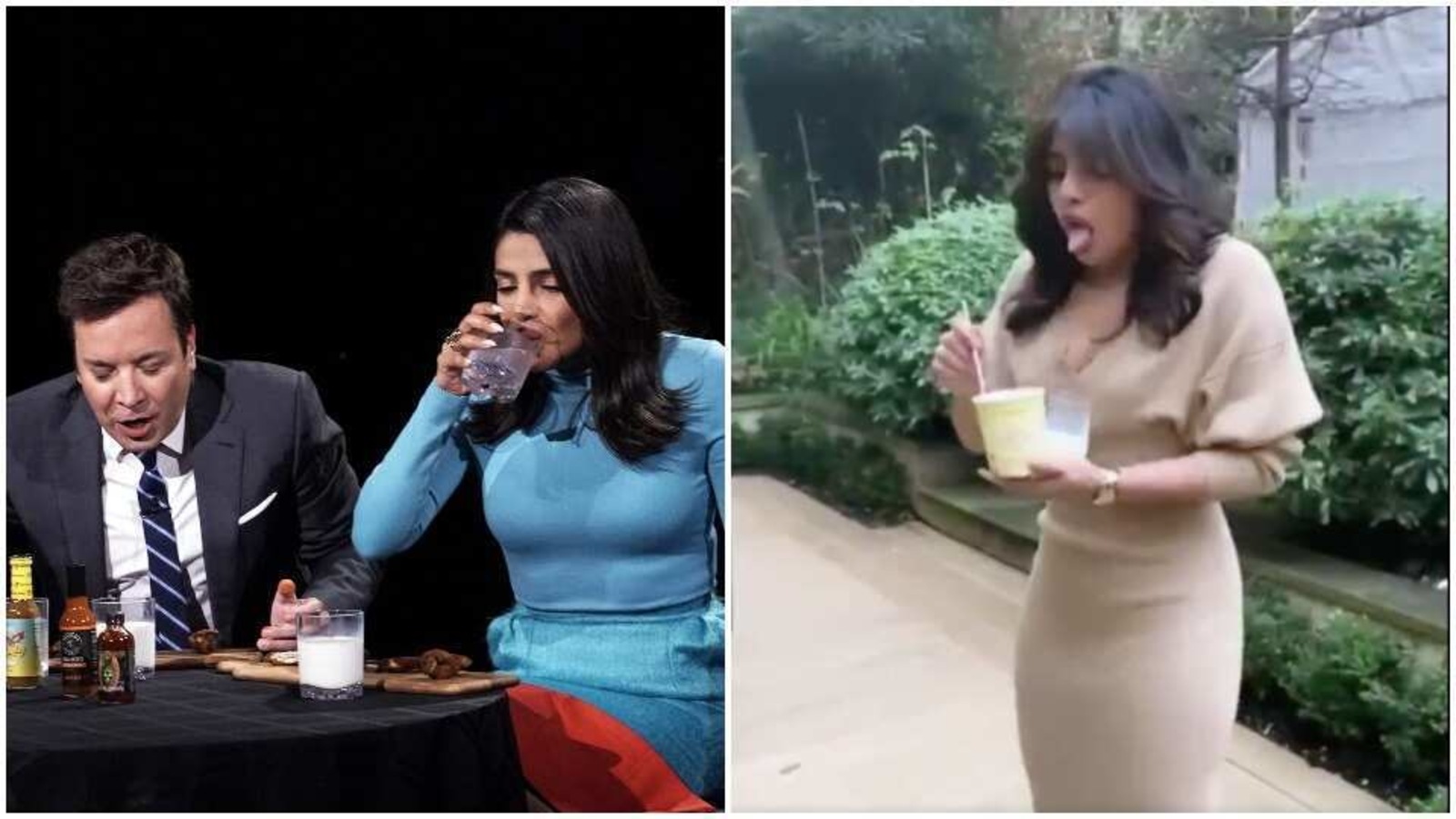 Priyanka Chopra paces around with milk in hand after shooting another Hot Ones episode