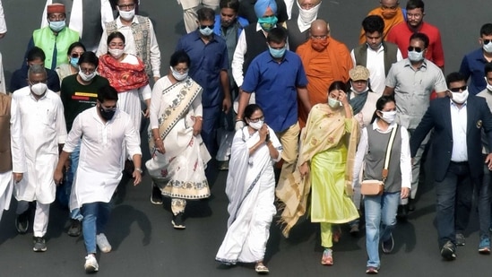 West Bengal chief minister Mamata Banerjee leads a massive crowd during the celebration rally to mark the birth anniversary of Netaji Subhas Chandra Bose, in Kolkata on Saturday. (ANI PHOTO). West Bengal chief minister Mamata Banerjee leads a massive crowd during the celebration rally to mark the birth anniversary of Netaji Subhas Chandra Bose, in Kolkata on Saturday. (ANI PHOTO).