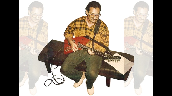 Leslee Lewis with his first electric guitar, he brought from Singapore, which was shaped like a gun Leslee Lewis with his first electric guitar, he brought from Singapore, which was shaped like a gun