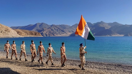 ITBP personnel on the banks of Pangong Tso, in Ladakh(PTI Photo)