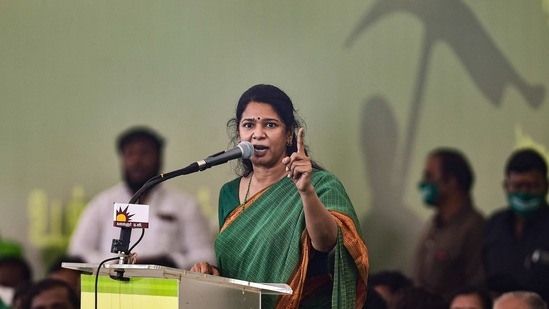 Dravida Munnetra Kazhagam (DMK) Women's Wing Secretary Kanimozhi speaks during a day-long hunger strike in support of farmers protesting against the three farm laws, in Chennai,(PTI)