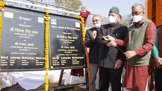 Uttarakhand CM Trivendra Singh Rawat during the foundation laying ceremony of Sainya Dham in Dehradun on Saturday.(HT PHOTO).