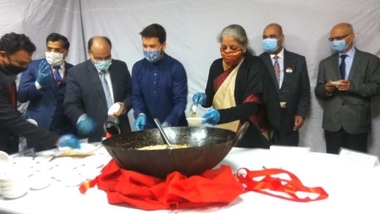 Sitharaman was accompanied by the Minister of State for finance Anurag Thakur, secretaries of finance ministry and other officials of the ministry.(ANI Photo) Sitharaman was accompanied by the Minister of State for finance Anurag Thakur, secretaries of finance ministry and other officials of the ministry.(ANI Photo)