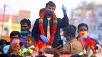 Indian left-arm pacer T Natarajan gestures during a grand welcome ceremony, organised by his villagers, at Chinnappampatti in Salem district, Thursday, Jan. 21, 2021. Natrajan was part of the Indian cricket team which defeated Australia in the recent test series by 2-1.(PTI) Indian left-arm pacer T Natarajan gestures during a grand welcome ceremony, organised by his villagers, at Chinnappampatti in Salem district, Thursday, Jan. 21, 2021. Natrajan was part of the Indian cricket team which defeated Australia in the recent test series by 2-1.(PTI)