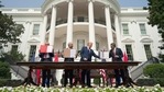 President Donald Trump with Israeli Prime Minister Benjamin Netanyahu, and UAE Foreign Minister Abdullah bin Zayed al-Nahyan, during the Abraham Accords signing ceremony.(AP) President Donald Trump with Israeli Prime Minister Benjamin Netanyahu, and UAE Foreign Minister Abdullah bin Zayed al-Nahyan, during the Abraham Accords signing ceremony.(AP)