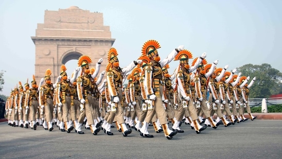 ITBP personnel during the full dress rehearsal for the upcoming Republic Day Parade, in New Delhi on Saturday. ITBP personnel during the full dress rehearsal for the upcoming Republic Day Parade, in New Delhi on Saturday.
