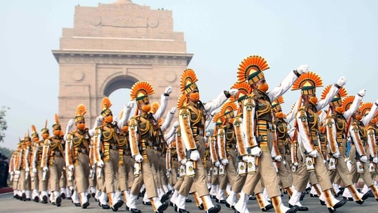 ITBP personnel during the full dress rehearsal for the upcoming Republic Day Parade, in New Delhi on Saturday. ITBP personnel during the full dress rehearsal for the upcoming Republic Day Parade, in New Delhi on Saturday.