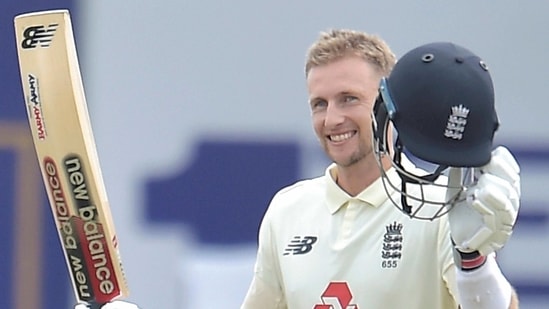 England captain Joe Root raises his bat after scoring 100 runs.(PTI)
