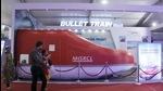 NHSRCL displays a replica of the bullet train during the Magnetic Maharashtra summit at BKC in 2018. (Pramod Thakur/HT Photo) NHSRCL displays a replica of the bullet train during the Magnetic Maharashtra summit at BKC in 2018. (Pramod Thakur/HT Photo)