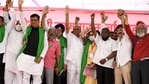 NCP chief Sharad Pawar, Cabinet Minister Balasaheb Thorat, and Chief of Shetkari Kamagr party Jayant Patil waving the gathering of over 6,000 farmers from across 21 districts of Maharashtra for a three-day sit-in at Azad Maidan in solidarity with protesting farmers at the Delhi border against farm laws, in Mumbai on Monday. (ANI Photo) NCP chief Sharad Pawar, Cabinet Minister Balasaheb Thorat, and Chief of Shetkari Kamagr party Jayant Patil waving the gathering of over 6,000 farmers from across 21 districts of Maharashtra for a three-day sit-in at Azad Maidan in solidarity with protesting farmers at the Delhi border against farm laws, in Mumbai on Monday. (ANI Photo)