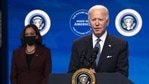 U.S. President Joe Biden delivers remarks on strengthening American manufacturing with U.S. Vice President Kamala Harris, left, at the Eisenhower Executive Office Building in Washington, D.C., U.S., on Monday, Jan. 25, 2021. President Biden will sign an executive order today to boost federal agencies' purchases of U.S. products, fulfilling a campaign pledge to lay out a "Buy American" plan. Photographer: Kevin Dietsch/UPI/Bloomberg(Bloomberg) U.S. President Joe Biden delivers remarks on strengthening American manufacturing with U.S. Vice President Kamala Harris, left, at the Eisenhower Executive Office Building in Washington, D.C., U.S., on Monday, Jan. 25, 2021. President Biden will sign an executive order today to boost federal agencies' purchases of U.S. products, fulfilling a campaign pledge to lay out a "Buy American" plan. Photographer: Kevin Dietsch/UPI/Bloomberg(Bloomberg)