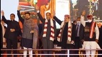 BJP state chief Suresh Kashyap, Union minister of state for finance Anurag Thakur, chief minister Jai Ram Thakur, BJP national president JP Nadda, governor Bandaru Dattatreya during the statehood day event on the Ridge in Shimla on Monday. (Deepak Sansta / HT) BJP state chief Suresh Kashyap, Union minister of state for finance Anurag Thakur, chief minister Jai Ram Thakur, BJP national president JP Nadda, governor Bandaru Dattatreya during the statehood day event on the Ridge in Shimla on Monday. (Deepak Sansta / HT)