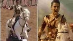 Kangana Ranaut riding a mechanical horse during Manikarnika, in real and on reel.(Instagram)