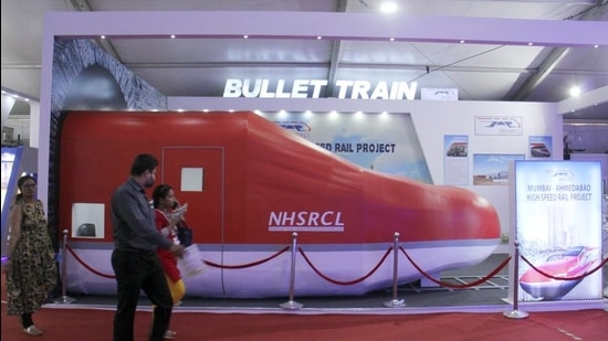 NHSRCL displays a replica of the bullet train during the Magnetic Maharashtra summit at BKC in 2018. (Pramod Thakur/HT Photo)