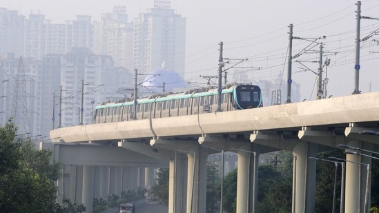 An Aqua Line metro train at Sector 51 Metro Station. (Sunil Ghosh / Hindustan Times) An Aqua Line metro train at Sector 51 Metro Station. (Sunil Ghosh / Hindustan Times)